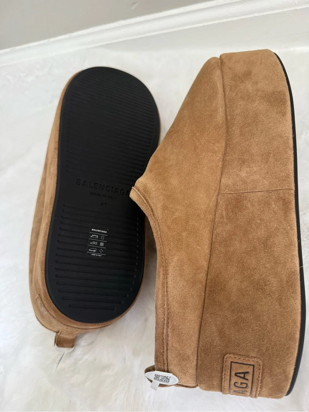 Balenciaga Alaska Platform Slides Brown White Shearling Sz 41